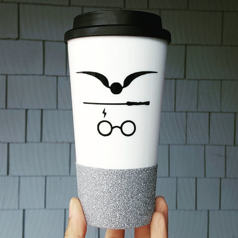 Harry Potter Design "Snitch, Wand & Scar" - {Glitter} Travel Coffee Mug