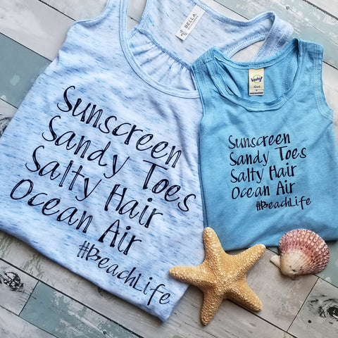 Sunscreen, Sandy Toes, Salty Hair, Ocean Air #Beachlife Tank | Mama & Kiddo Set | Blue