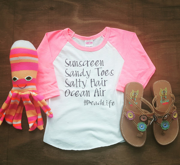 Sunscreen, Sandy Toes, Salty Hair, Ocean Air #BeachLife Shirt | Neon Pink + White Raglan