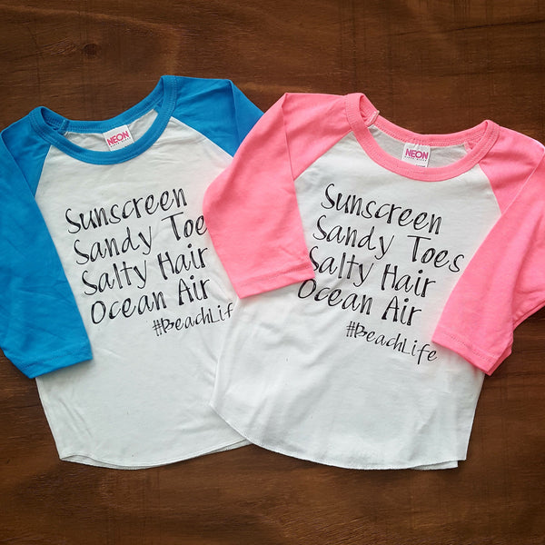 Sunscreen, Sandy Toes, Salty Hair, Ocean Air #BeachLife Shirt | Neon Pink + White Raglan