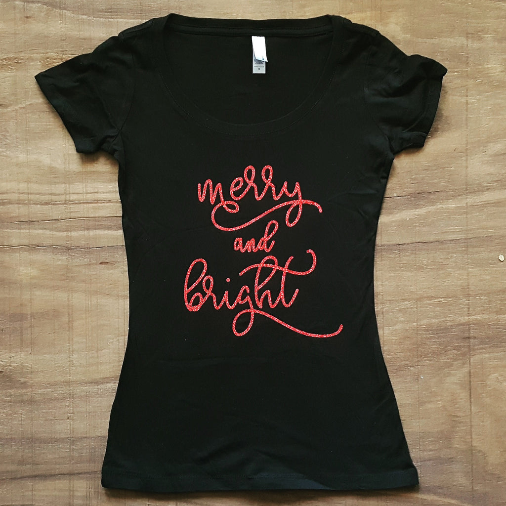 Merry & Bright Tee | Black w/Red Sparkle