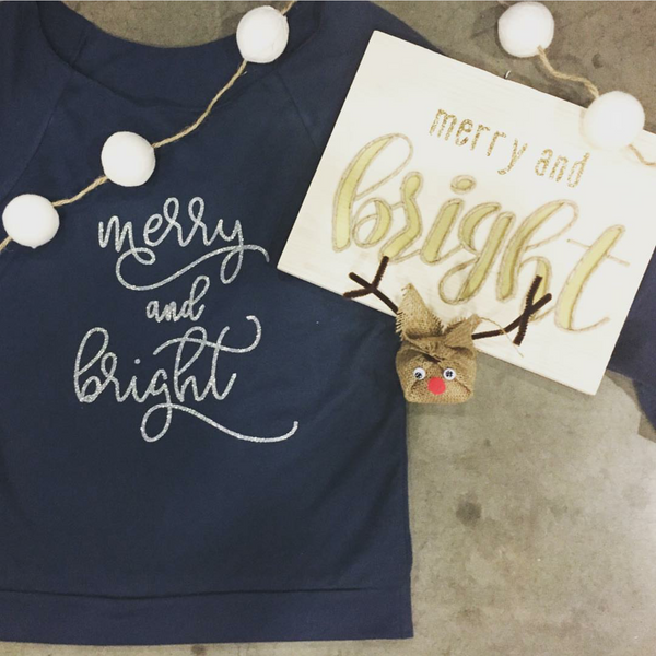 Merry & Bright Long Sleeve Raglan | Indigo + Glitter Lettering
